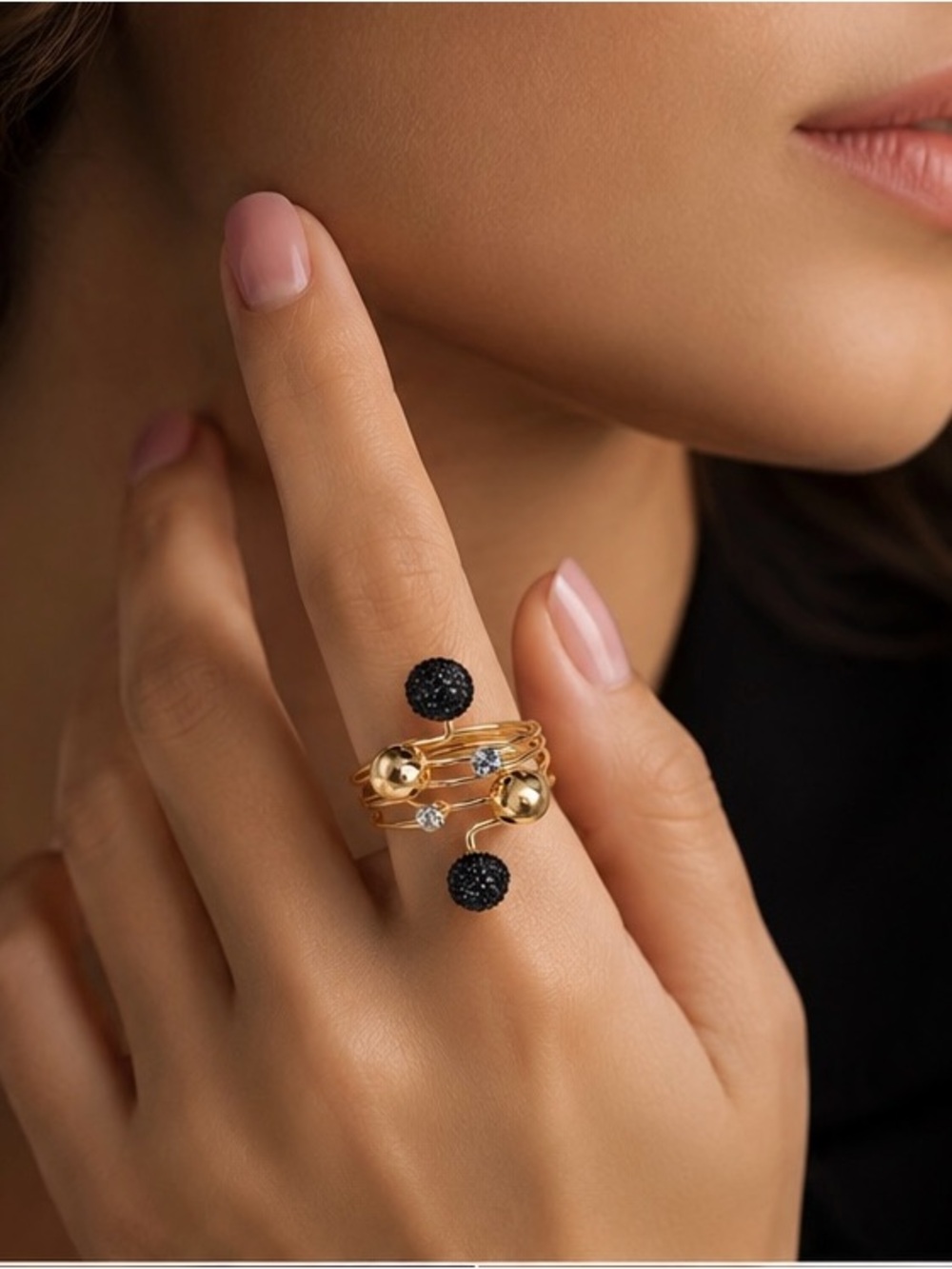 Gold Tone Women's Multi-Band Ring with Black Bead Accents